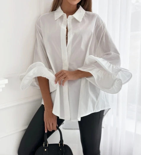 

Loose Women's Shirts 2023 Personalized Bell Sleeve Solid Color Loose Shirts Elegant Daily Commuting Lapel Shirt Top