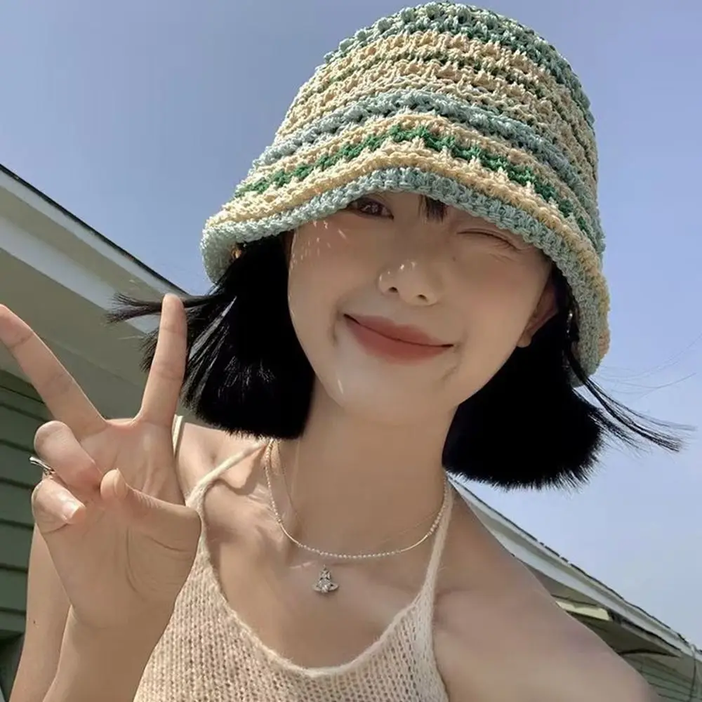 Cappello da pescatore cavo lavorato a maglia a righe Grande grondaia Protezione UV Cappello da pescatore all'uncinetto Cappello parasole sottile multicolore traspirante da viaggio