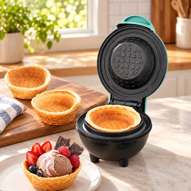 Portable Electric Waffle Bowl Cooker with Dual Voltage 110V/220V, Perfect for Breakfast, Egg Rolls, Tarts, and Ice Cream