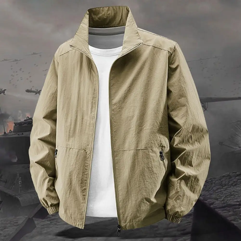 

Мужская куртка с воротником-стойкой и длинным рукавом на молнии, весенне-осеннее пальто с карманами, однотонная свободная универсальная верхняя одежда