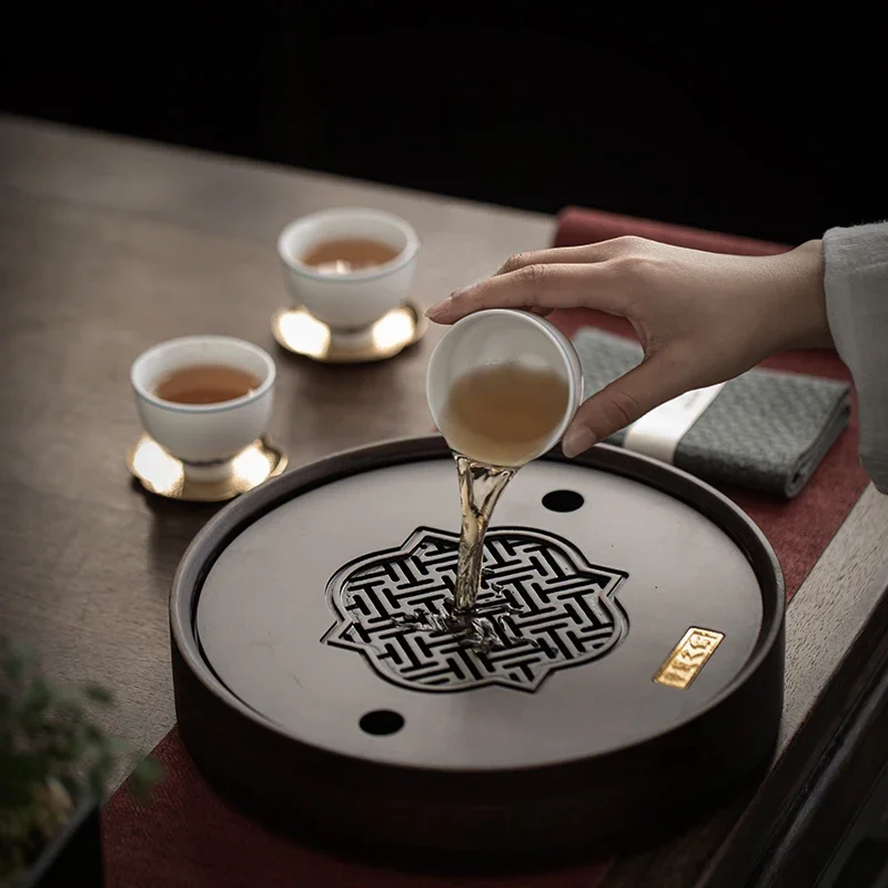 Round Carbonized Bamboo Tea Tray Chinese Simple Household Water Storage Type Small Tea Sea Drainage Dry Brewing Tray