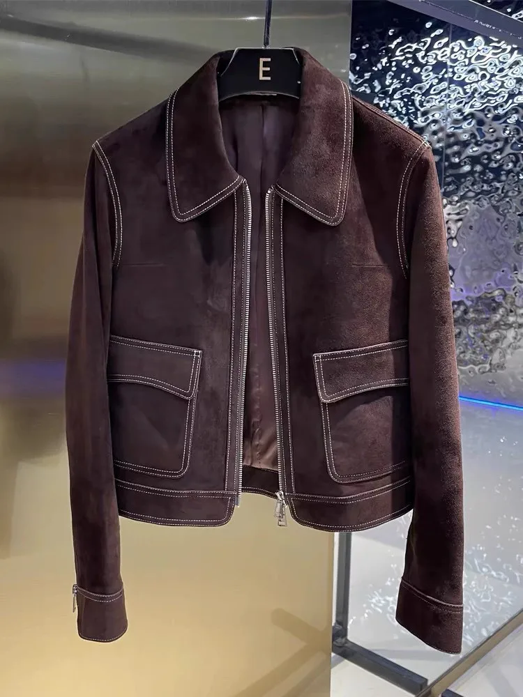 새로운 스타일 패션 정품 가죽 스웨이드 여성 짧은 재킷 지퍼 턴다운 칼라 진짜 양가죽 레트로 코트 오피스 레이디 오버코트