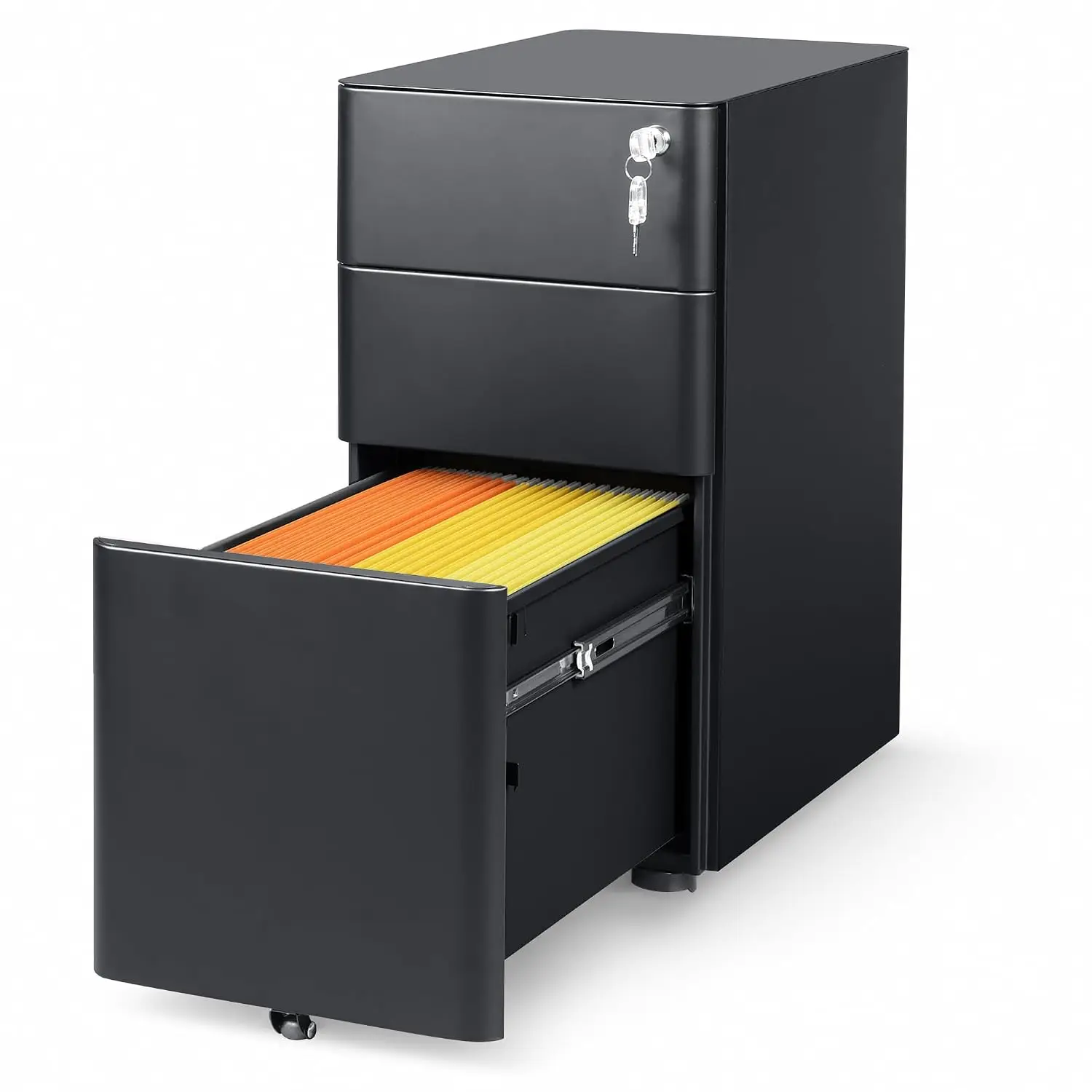 3 Drawer Mobile File Cabinet with Lock, Assembled Metal Storage for Home Office, Fits Letter/Legal/A4, 11.8x17.7x23.2in, Black,
