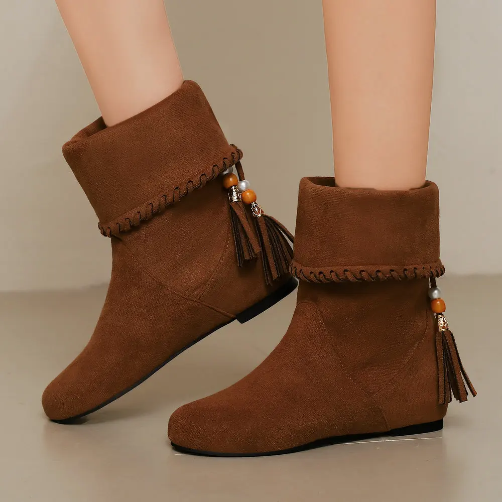 

Fold Over Mid Calf Boots for Women with Beading Fringe Comfy Soft Retro Flock Slip on 4cm Hidden Heels Shoes 2026 Spring Fall