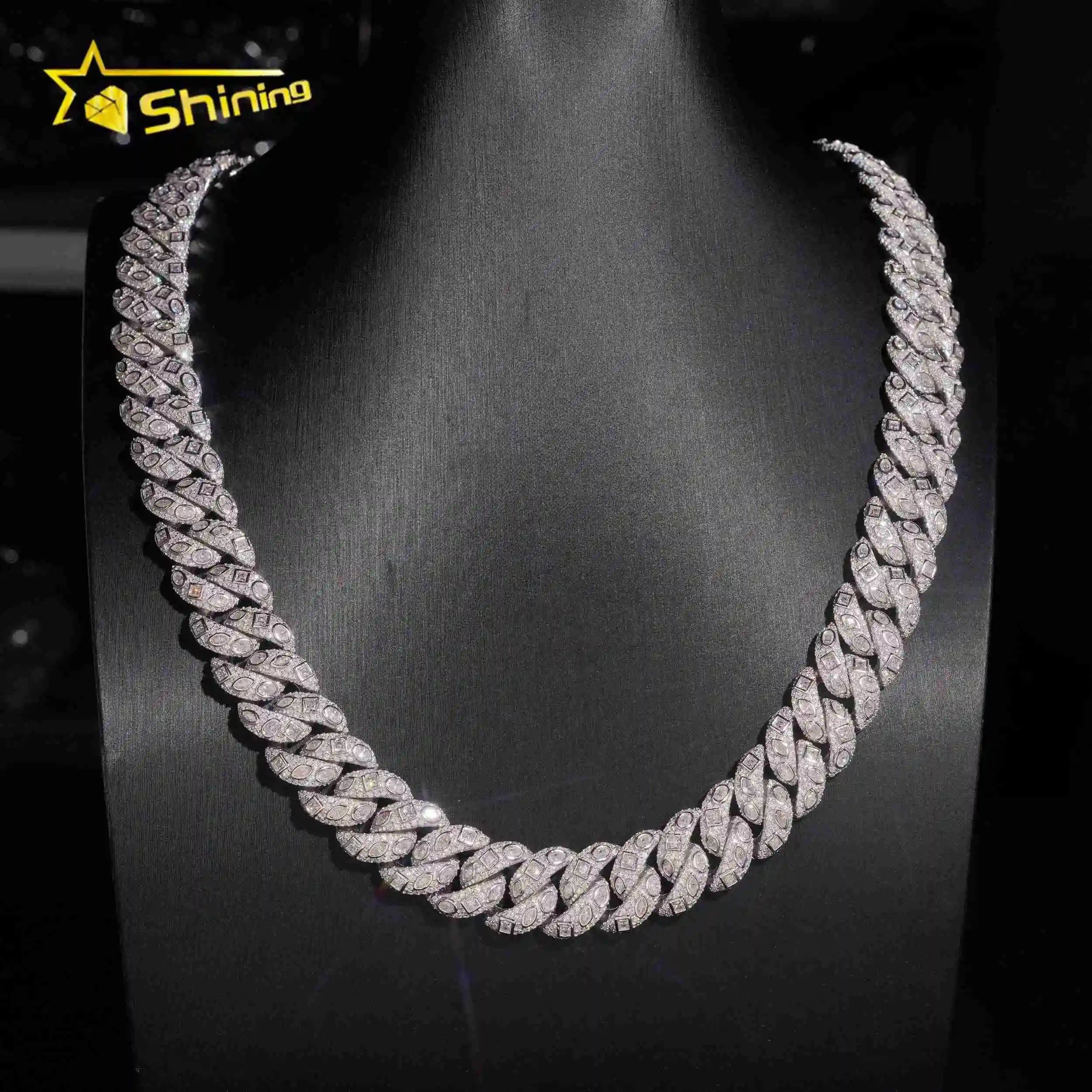 Bezel Fire Design Iced Out Jewelry 15mm Moissanite Cuban Link Chain Hip Hop 925 Silver Rose Gold Cuban Link Chain Fancy Cut..