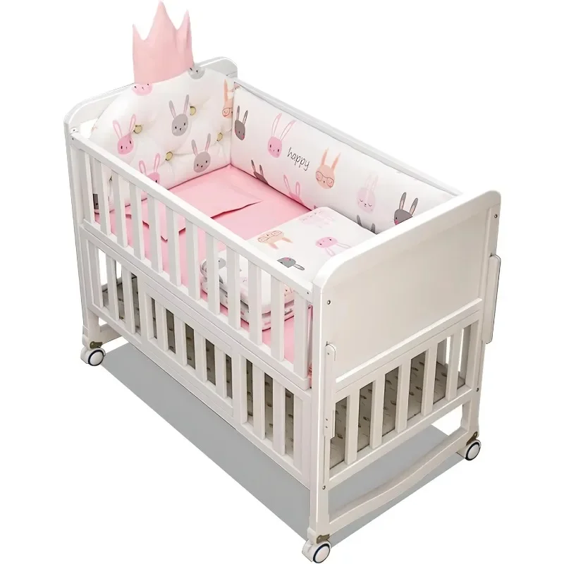 

European 6-in-1 White Wooden Crib Multifunctional Walker Bed with 5-piece Bedding Set