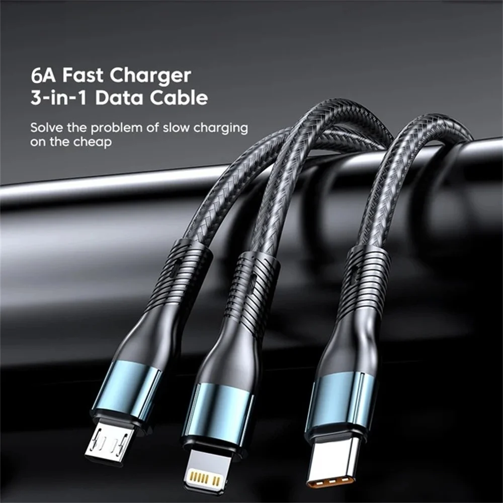 NNBILI 6A 120W 3 in 1 USB Type C Cable Fast Charge Phone Charger Data Cord For iPhone Samsung Huawei Quick Charge Micro USB Wire view 4