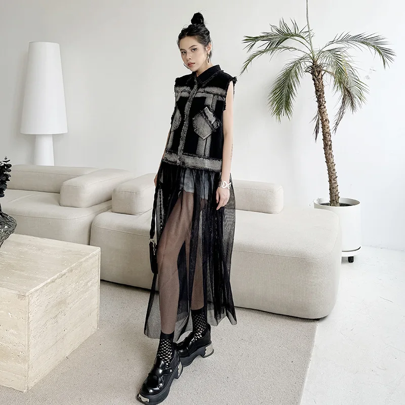 Tannt femmes robe maille épissure irrégulière longue Denim robes mosaïque décontracté noir bleu sans manches longues robes femmes 2025 nouveau