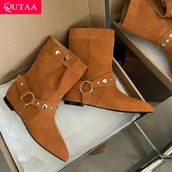 QUTAA New Women Rivet Ankle Boots Genuine Leather Pointed Toe Low Heel Autumn Winter Western Cowboy Boots Cowgirl Shoes 34-40