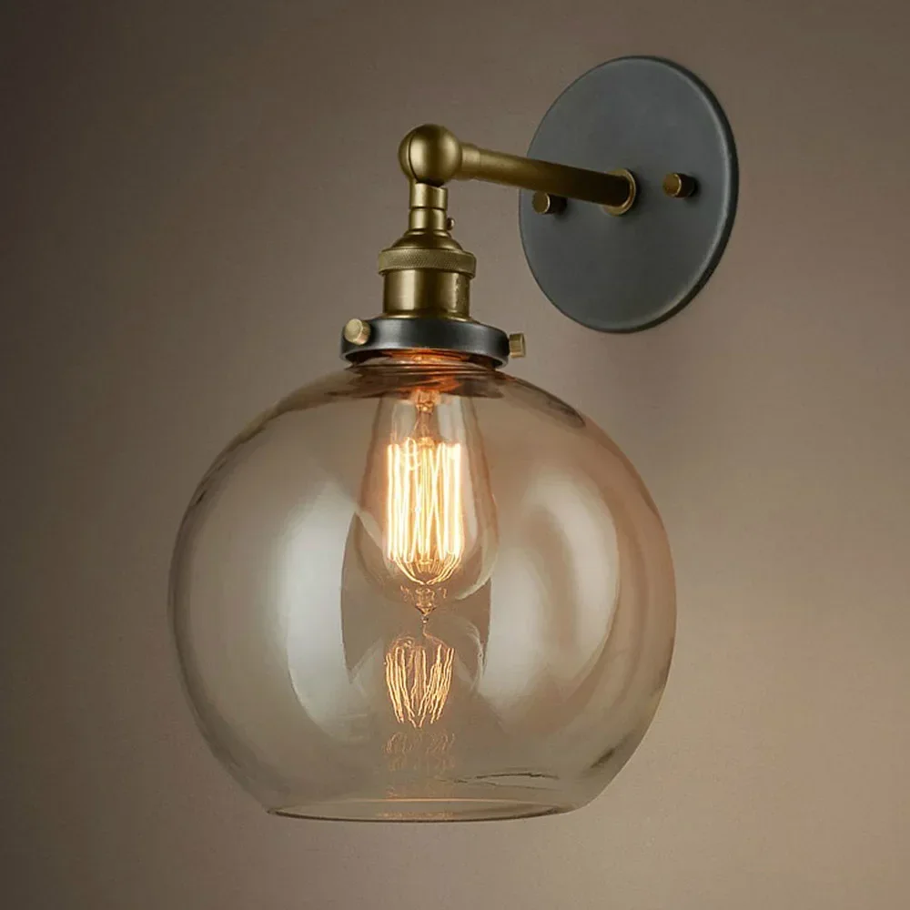 European vintage amber color glass ball wall lamp home deco DIY loft industrial E27 bulb brass iron  sconce lighting fixture