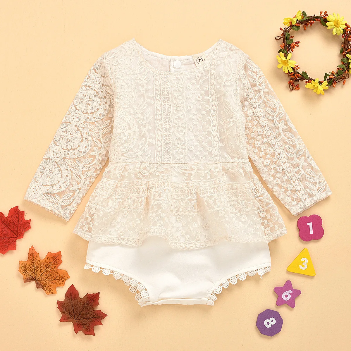 Infant Baby Romper Floral Lace Embroidery Romper Dress Straps Long Sleeves Sweet Triangle-Bottom Jumpsuit baby girl outfit set