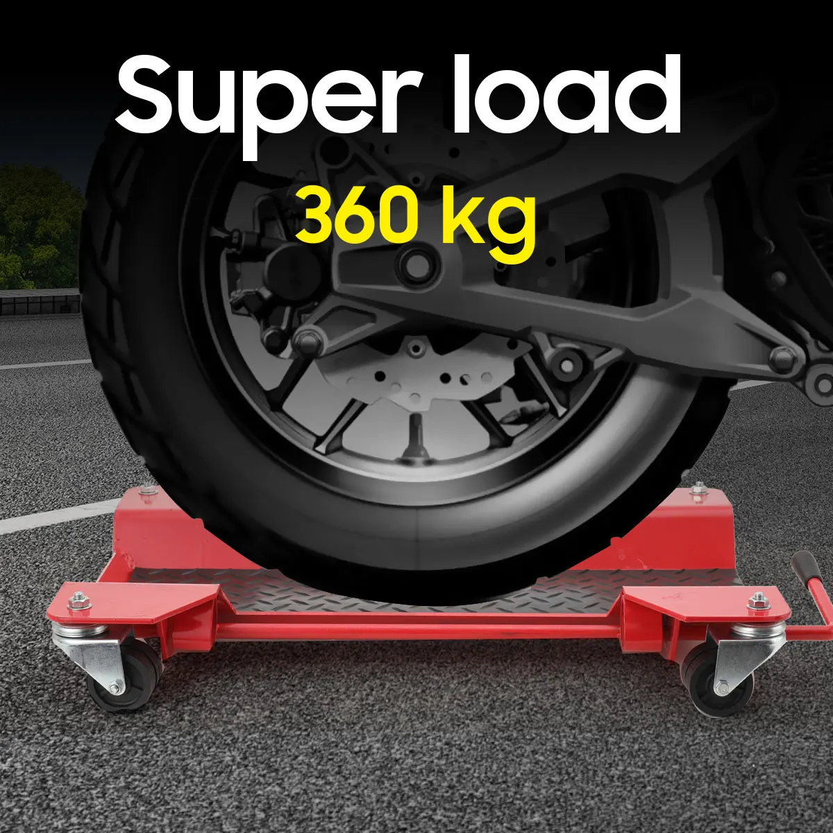 360kg Motorrad-Transportständer mit 4 360°-Drehungen °   Schwenkbare Rollen, Schwerlast-Fahrradparkhilfe mit 2 gebremsten und 2 ungebremsten Rädern, Anti-Rutsch-Matte für Garagenlagerung und
