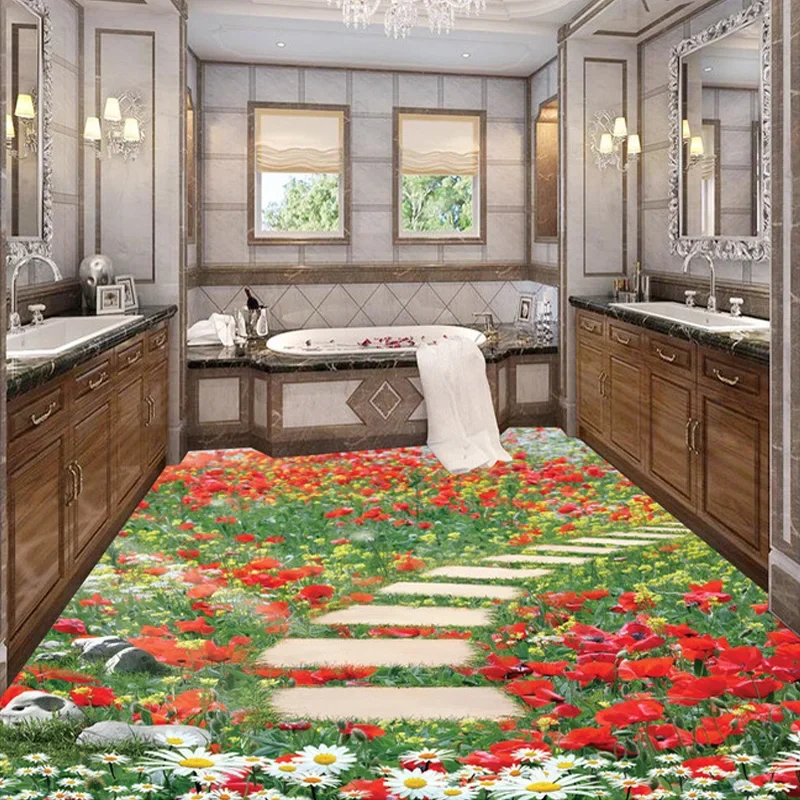 

Custom 3D Mural Wallpaper Flower Floral Small Road Bathroom Kitchen Bedroom Floor Sticker PVC Self-adhesive Wallpaper Home Decor