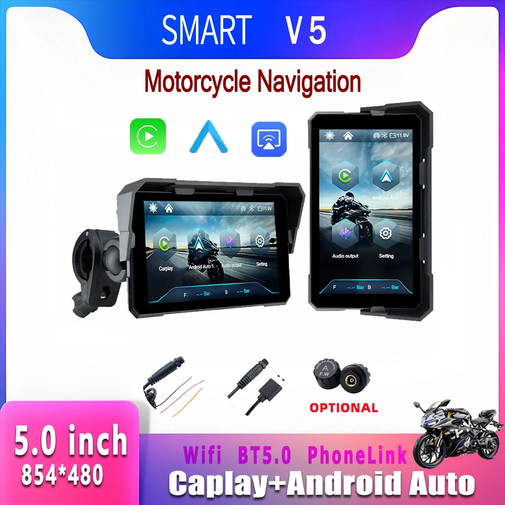 SMART 5 inch Wireless Carplay Android Auto GPS Navigation Rotation Display Screen Support TPMS Waterproof Motorcycle Monitor