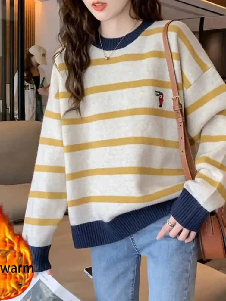 مخطط الألوان المتناقضة سترة الموضة فضفاض أفخم البلوفرات سميكة المرأة عادية فضفاض دافئ لينة محبوك Sueter