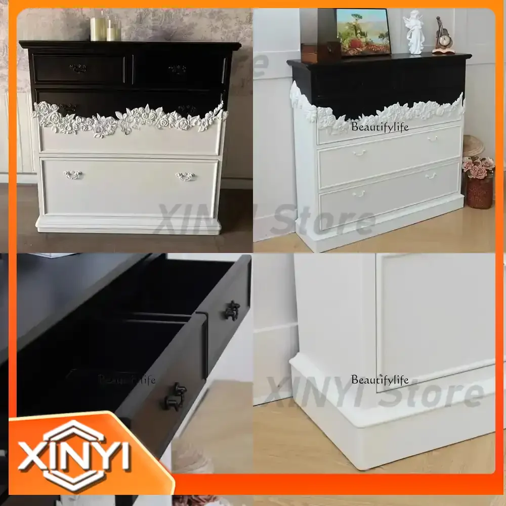 French Retro Solid Wood Carving Flower Chest for Porch Storage Black and White Double Color Art Drawer