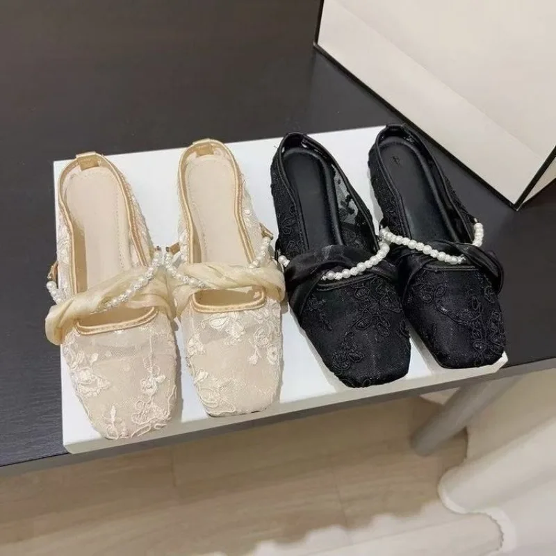 

Fashion Baotou slippers Summer new square toe shallow mouth beaded soft sole non-slip wear-resistant flat shoes