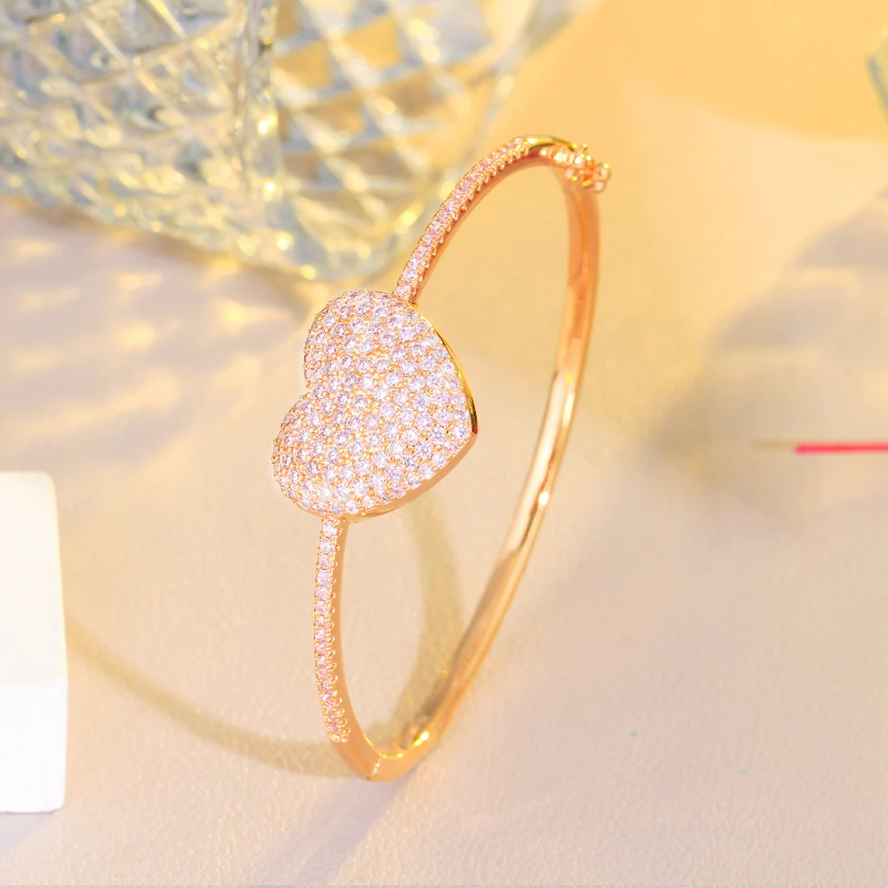 CWWZircons Bling Genuine 5A Cubic Zirconia Pave Popular Romantic Pink Love Heart Charm Women Bangles with Safety Clasp BG056