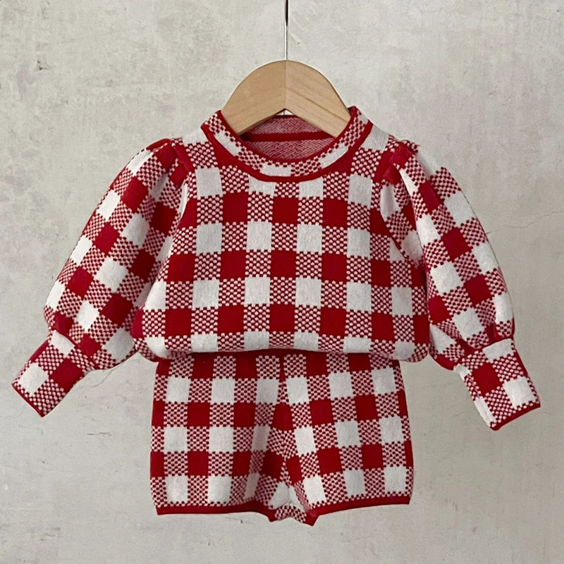 2024 New Autumn Newborn Baby Girls Knitted Clothing Set Long Sleeves Lattice Sweater+Shorts Toddler Baby Knitting Clothes Suit