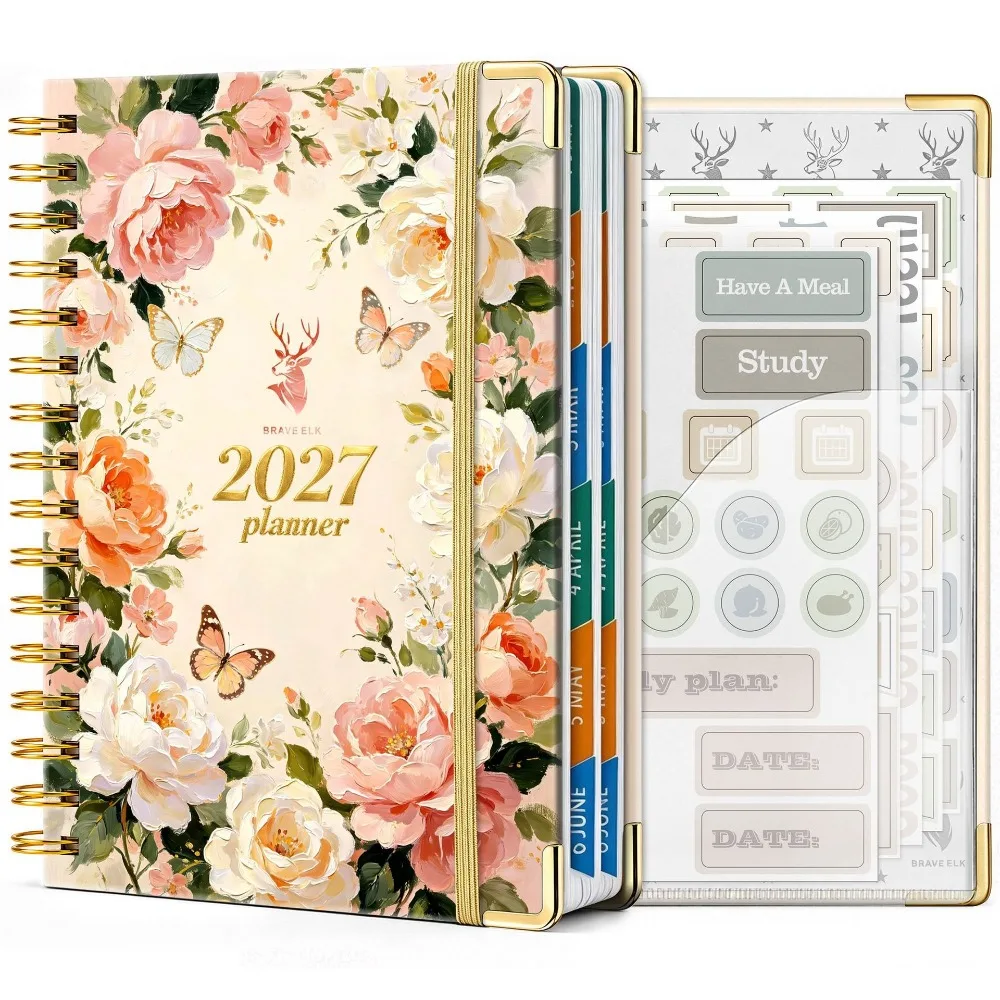 Double-Wire Binding 2027 Planner Notebook Metal Corner Protector Colored Monthly Tabs Daily Plan Schedule Lay Flat 180°