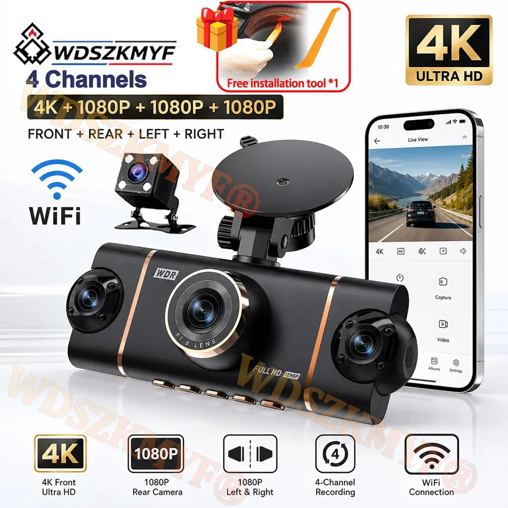 4K Dash Cam WiFi Car Camera 360 Surround 4 Channel Dashcam Front and Rear Quad Lens Recorder Night Vision Car Security Accessory