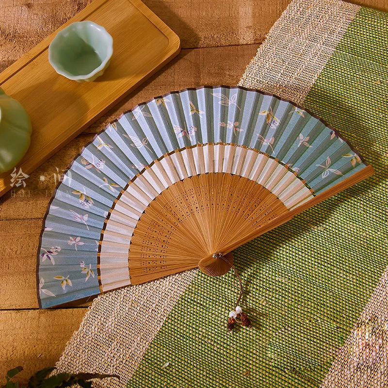 Women's Fan Double Section Bamboo Fan Retro Cheongsam Hanfu Floral Summer Portable Silk Small Folding Dance Fan Daily Hand Fan