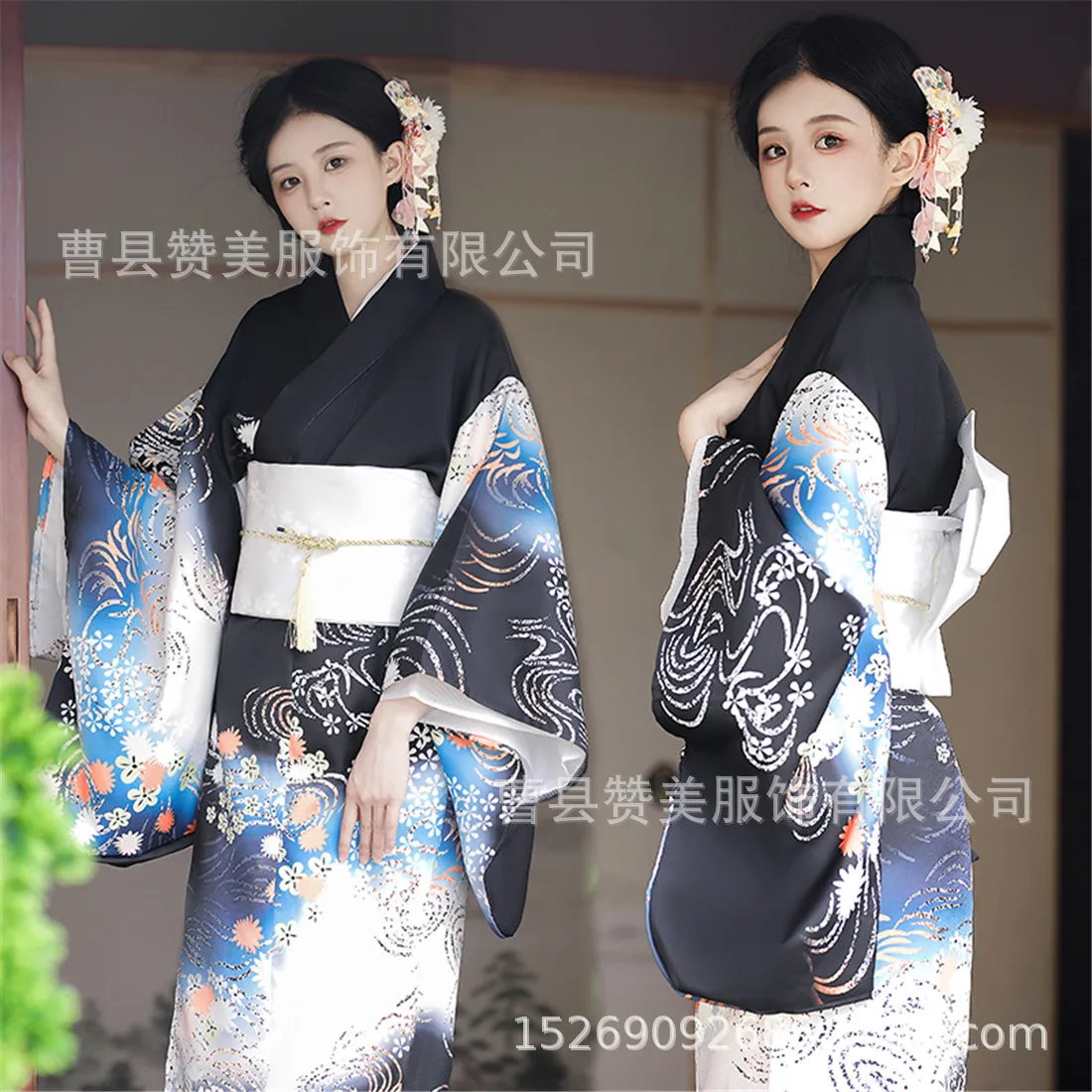 

Japanese Traditional Costume Elegant Black Women's Dress Improved Photo Photography Yukata Cosplay Wave Print Kimono Clothes