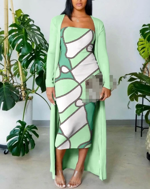 

Women Dress Suit Set Elegant Fashion Geometric Print Bra Dress Bodycon Midi Dress and Solid Color Long Sleeved Cardigan Set