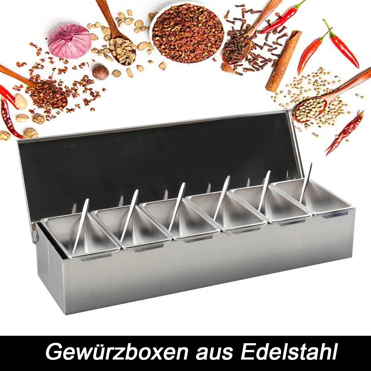 6-teilige Zutatenbox aus Edelstahl für Salz, Zucker, Käse, Soße, Gewürzbox, Pizza, Werkzeug, Snack-Aufbewahrungsbox – Detail 11