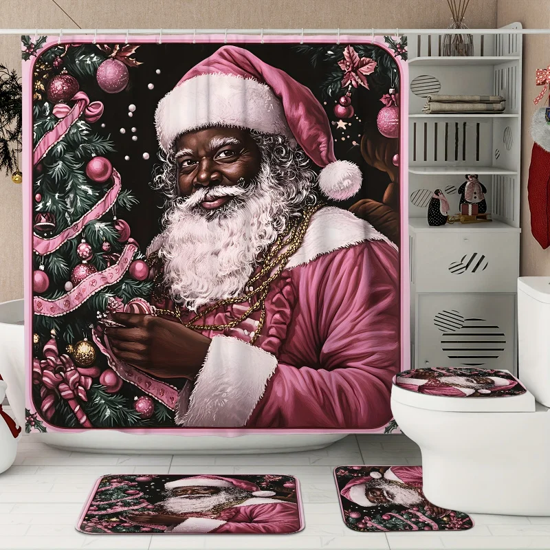 1/4PCs Christmas winter set: waterproof polyester Santa tree ball funny pink black shower curtain with 12hooks, N