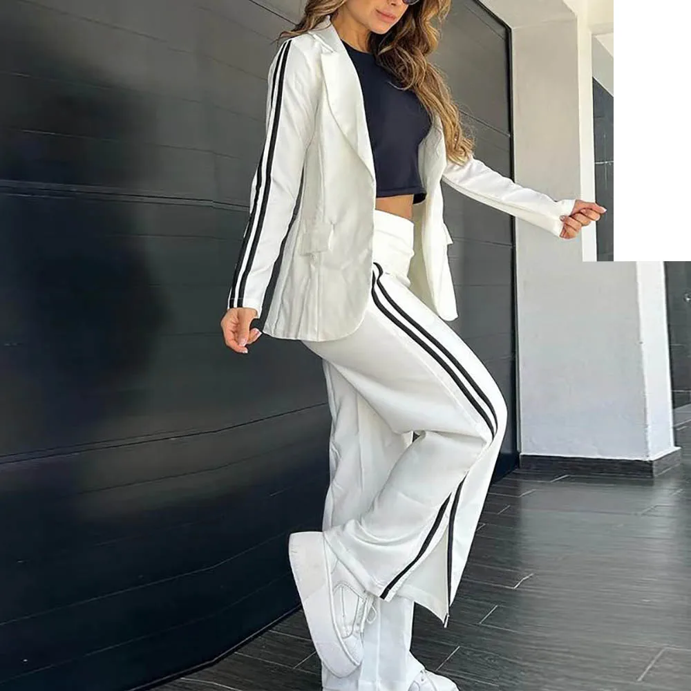 Blazer 2 Piece Set Women Autumn Laple Patchwork Long Sleeve Coats +Straight Pants suit Office Lady Winter Fashion Outerwears