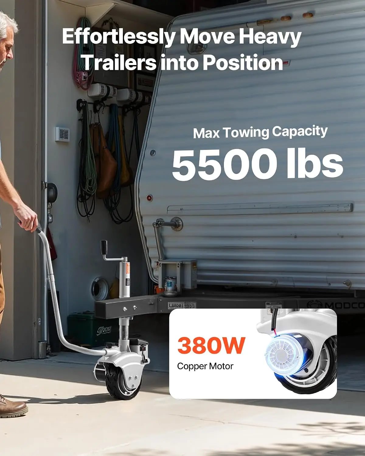 Electric towing dolly 5500 lbs capacity 12v motorized jockey wheel 23 ft per min speed 8 in rubber tire adjustable clamp height