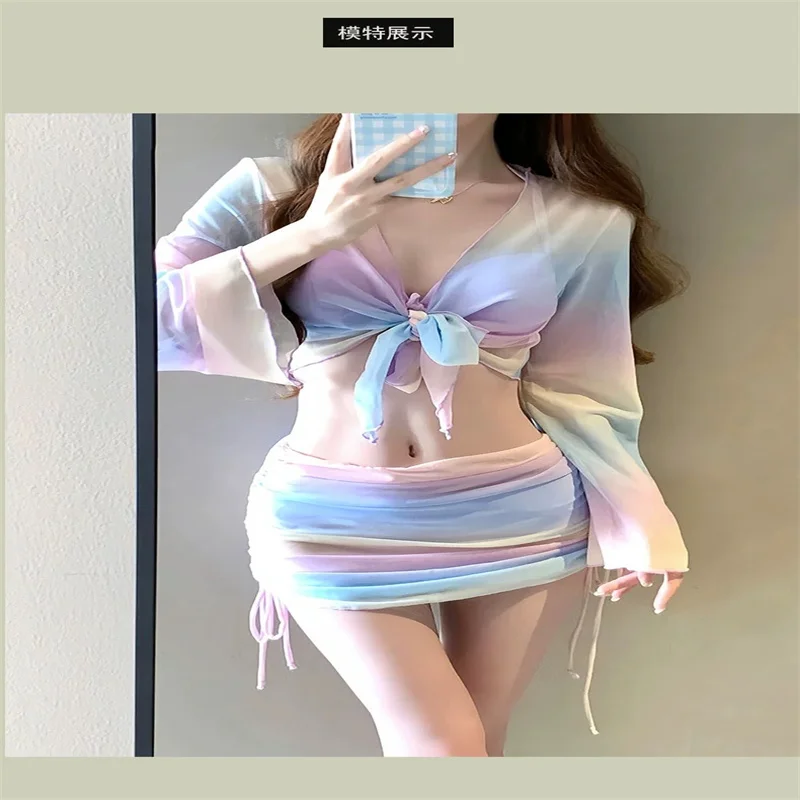 Candy Colored Cute Style Bikini Beach Vacation Hot Spring Soft Cup Long Sleeved Cover Up Shirt Hanging Neck With Skirt Swimsuit