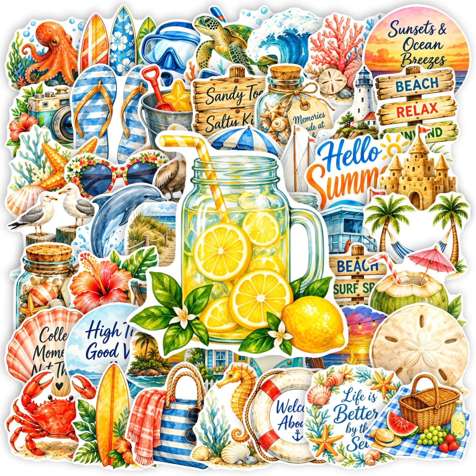 50Pcs Summer Beach Watercolor Stickers Seagull Lighthouse Ocean Scenery Journal Stickers Luggage Decals