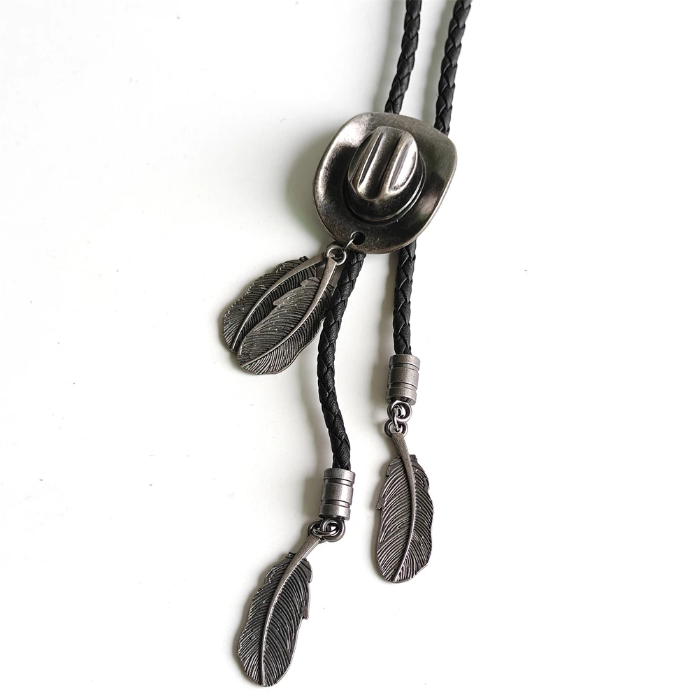 Western Cowboy Bolo Tie Necklace Turquoise Bull Skull Feather Concho Leather Rope Slide Necktie Vintage Boho Men Jewelry Gift