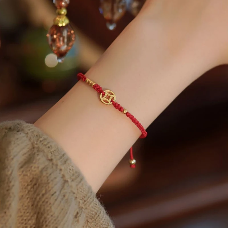 النمط الصيني قابل للتعديل الأحمر سوار سحر اليدوية النحاس عملة حبل مضفر سلسلة النساء الرجال محظوظ الأزياء والمجوهرات صديق هدية #4