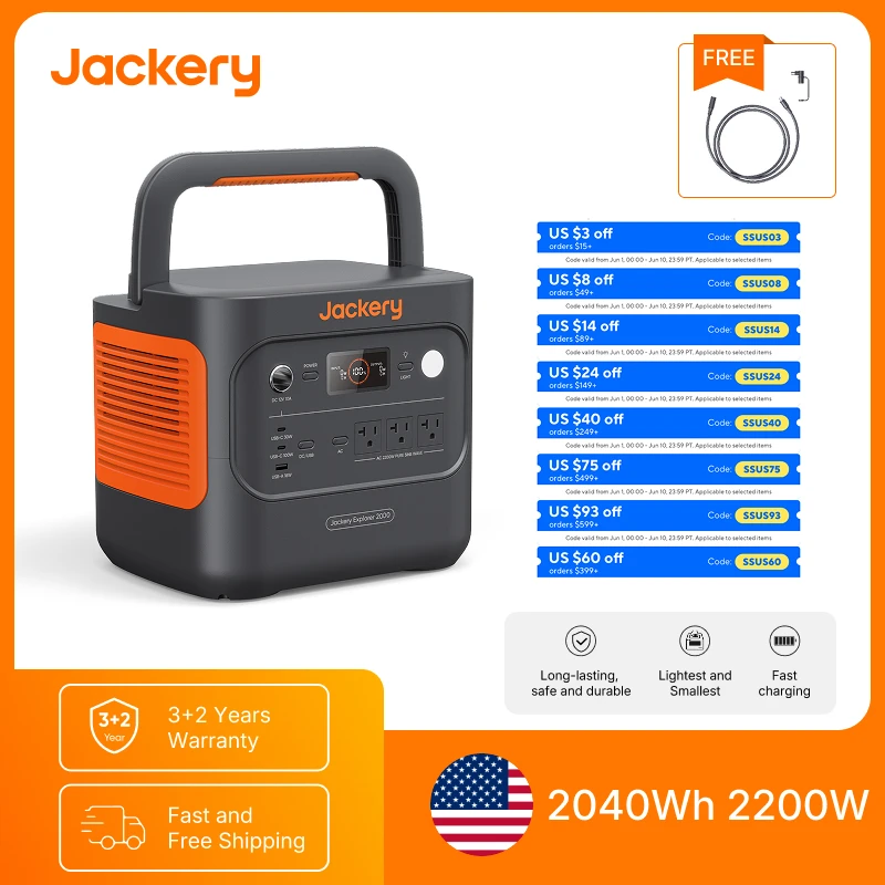 

Jackery Explorer 2000 v2 Portable Power Station with 5M Charging Cable, Solar Generator for Emergencies, Power Outages, Camping