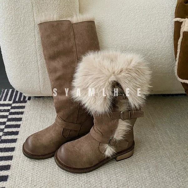 

Designer Women's High Boots Fashion Warm Heeled Shoes for Woman Winter Snow Boots 2025 New Fashion Short Plush Cozy Ladies Boots