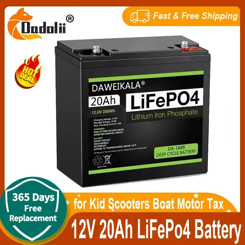 12V Battery 20Ah LiFePo4 Battery Lithium Iron Phosphate 12V LiFePo4 Rechargeable Battery for Kid Scooters Boat Motor Tax Free