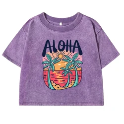 Beach Style Aloha Printing Women T Shirts Washed Fitness Retro Crop Top Summer Sweat Tees Shirt Sports O-Neck  Cotton Tee