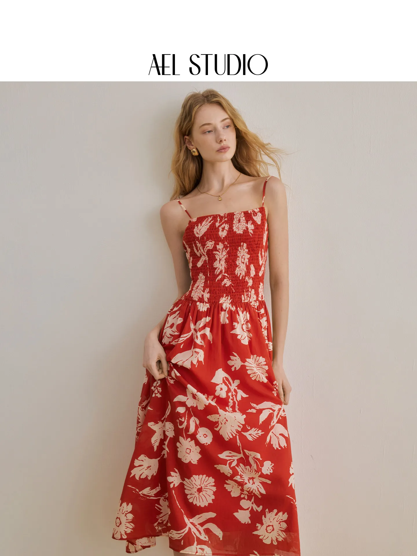 AEL Original Seaside Vacation Style Red Print Suspender Dress 26 Sommer Tailliertes und schmales, elegantes langes Kleid aus reiner Baumwolle – Detail 5