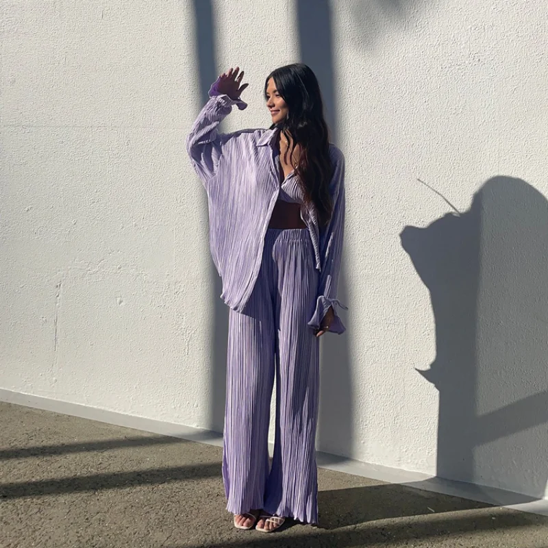 Spring Autumn Bell-sleeved Shirts Wide-leg Pants Two-piece Pleated Casual Suit Women's Fashion Chic and Comfortable Suit Ladies