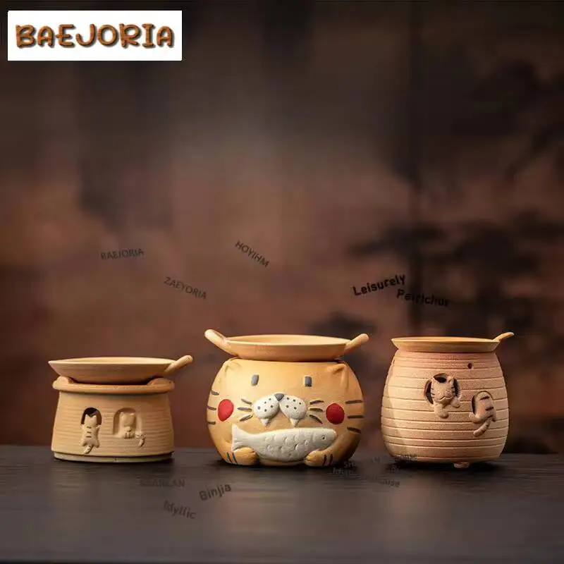 Coarse Pottery Cute Cat Tea Warmer Holder Candle Heater Stove Kettle Stand Baked Milk Jar Carbon Furnace Tea Items Accessories