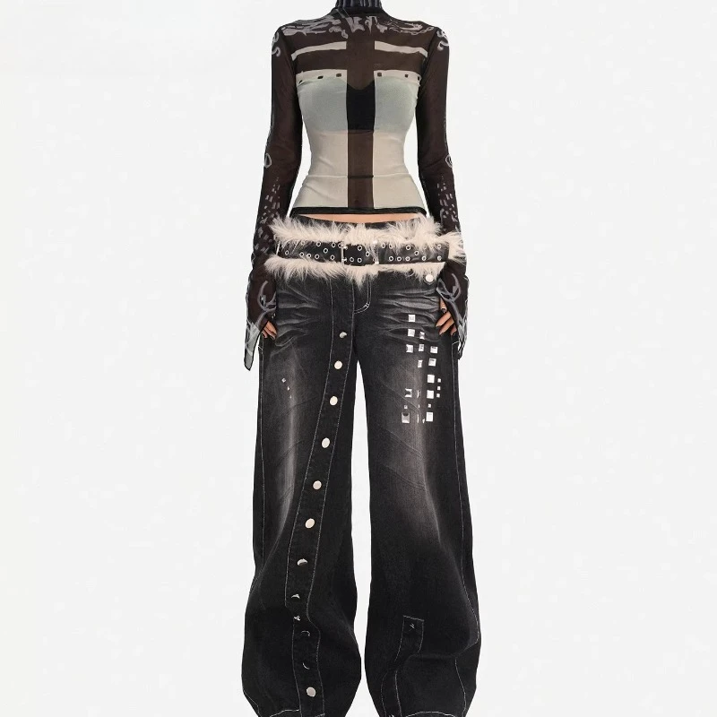 Original Retro Design Straight-Leg Women's Jeans 2026 Spring New Black Square Stud Punk Style Loose Wide-Leg Long Pants Ladies