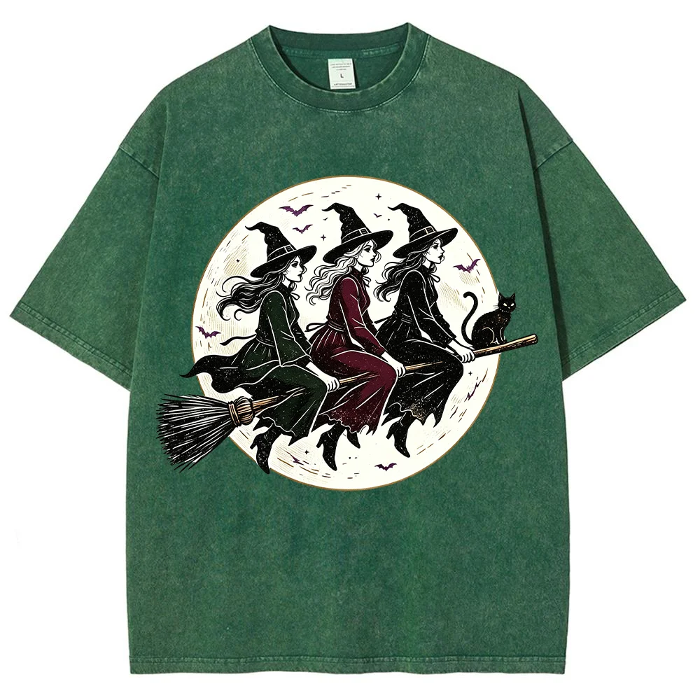 Women Halloween Witch T Shirt Vintage Purple Graphic Tee Three Witches Flying Broomstick Black Cat Spooky Casual Streetwear Top