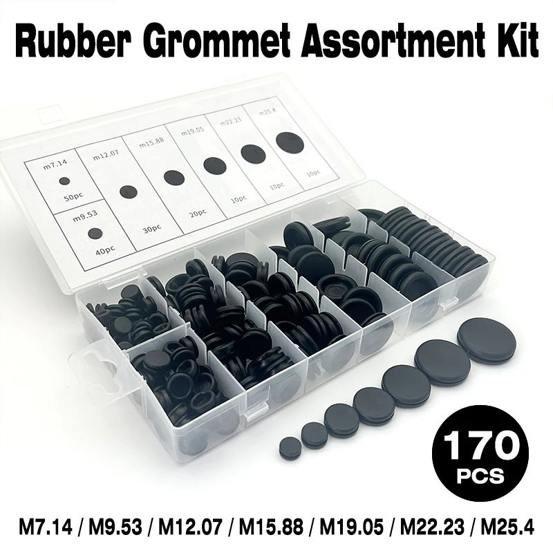 170pcs M7.14/M9.53/M12.07/M15.88/M19.05/M22.23/M25.4 Black Rubber Grommet Hole Plug Assortment Kit Electrical Wire Tools Set
