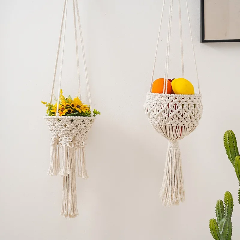 Handmade Cotton Rope Hanging Basket Planter for Indoor Plants Fruits Boho Home Garden Decor  Macrame Net Bag