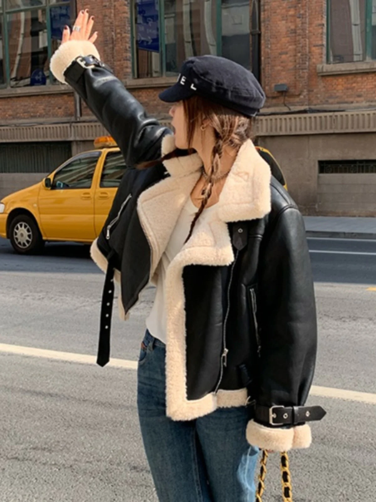 الشتاء Thiened الدافئة بلا الجلد المدبوغ فرو الضأن Jaet معطف صغير الحجم غير المتماثلة الحلو Sle فضفاضة تناسب سستة إغلاق بولي Leather الجلود #4