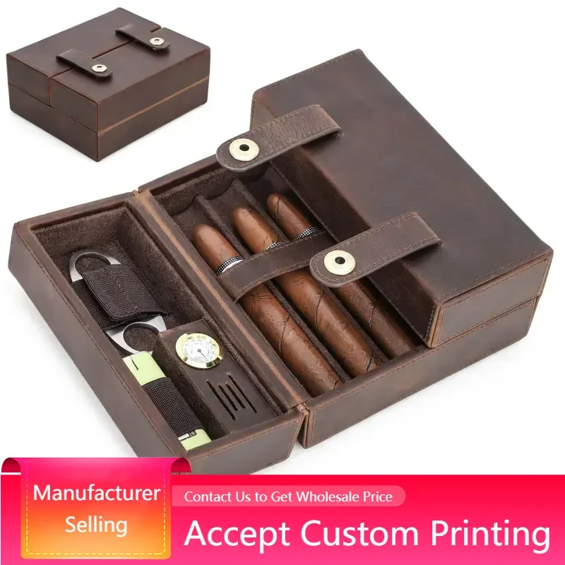 7 Slot Cigar Humidor Box Leather Cigar Case Portable Travel Cigar Leather Case Coffee Color with Moisturizing Agent Slot