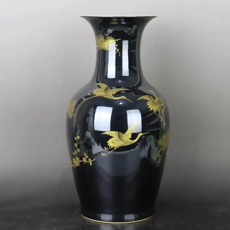 Qing Dynasty Black Glaze Porcelain Vase with Crane & Bird Pattern - Chinese Retro Home Decor Antique Ceramic Collection